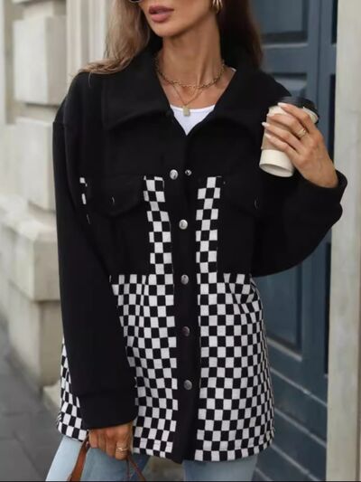 Black Checkered Snap Down Long Sleeve Jacket Stylish &amp; Functional Buttoned Outerwear