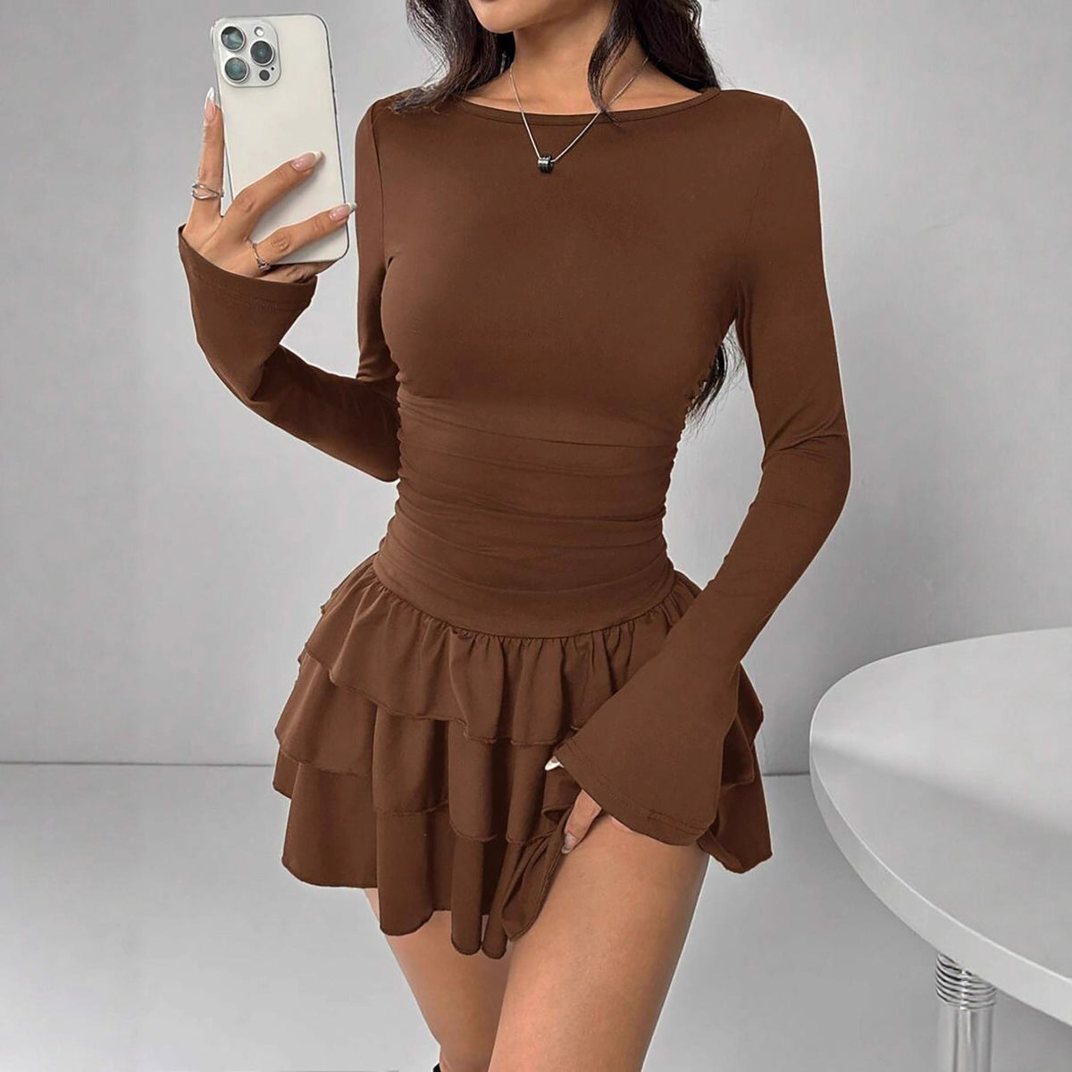 Round-neck Sheath Dress With Pleats And Long Sleeves