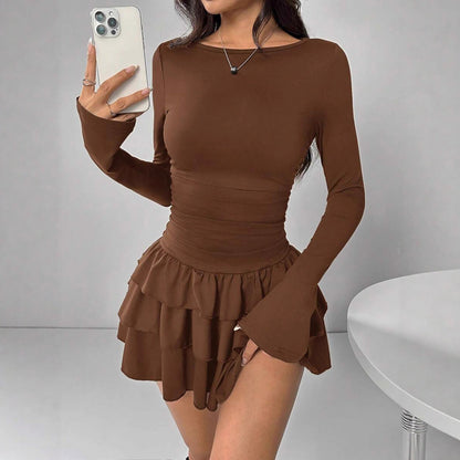 Round-neck Sheath Dress With Pleats And Long Sleeves