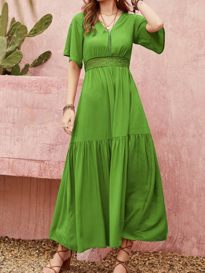 Lace Detail V-Neck Short Sleeve Dress