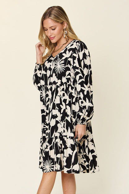 Printed Ruffle Hem Long Sleeve Rayon Dress