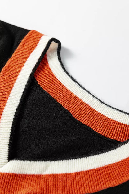 Contrast Striped Trim V Neck Varsity Sweater