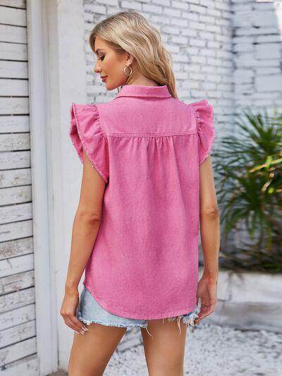 Ruffled Pocketed Collared Neck Cap Sleeve Denim Top for Women