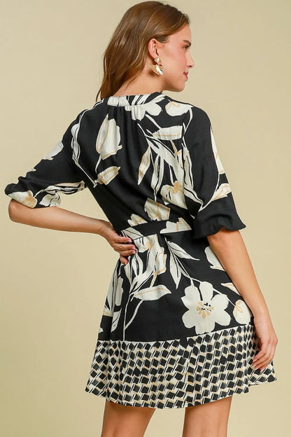 Umgee Full Size Floral Print Notched Tie Waist Mini Dress Plus Size
