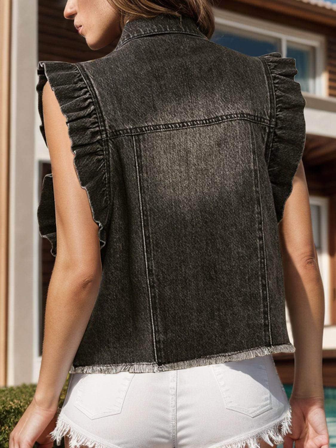 Raw Hem Ruffled Cap Sleeve Denim Jacket for Women