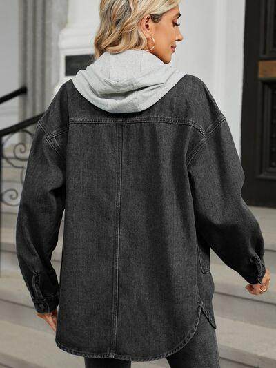 Removable Hood Button Up Long Sleeve Denim Jacket for Women