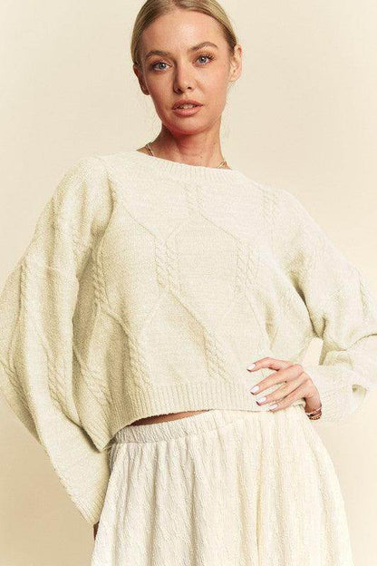 Davi &amp; Dani Diamond Cable Pattern Drop Shoulder Sweater