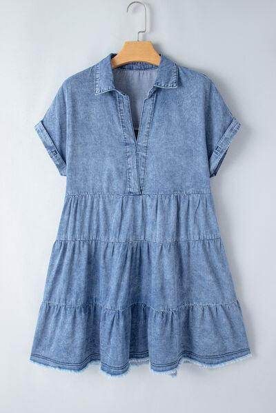 Raw Hem Collared Neck Short Sleeve Denim Dress for Women
