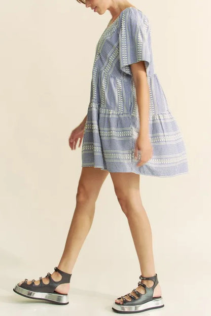 Davi &amp; Dani Embroidered Stripe Ruffled Gingham Mini Dress