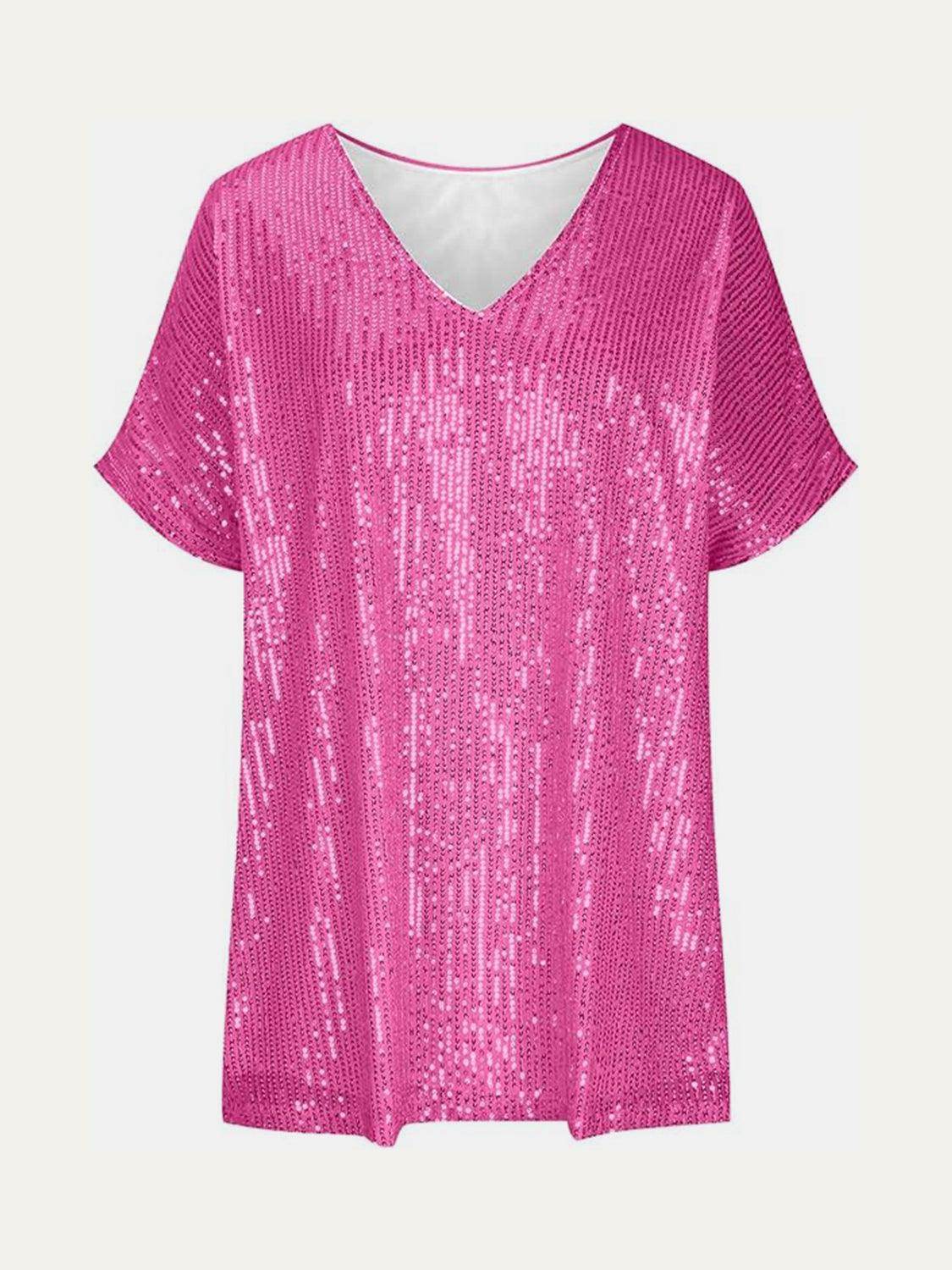 Full Size Sequin V-Neck Short Sleeve Top for Women