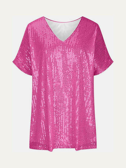 Full Size Sequin V-Neck Short Sleeve Top for Women