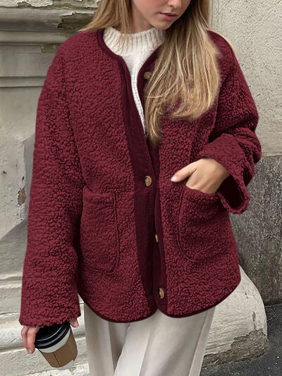 Modern Cozy Women Luxuriously Cozy Contrast Button Up Sherpa Jacket with Pockets For Fall &amp; Winter
