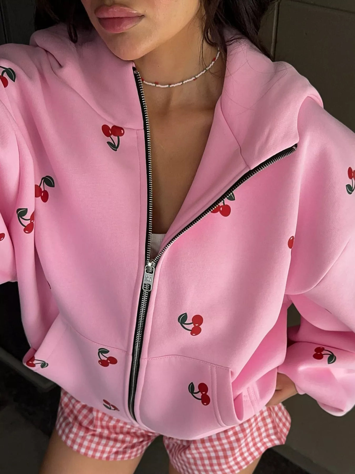 Cherry Print Oversized Zip-Up Hoodie
