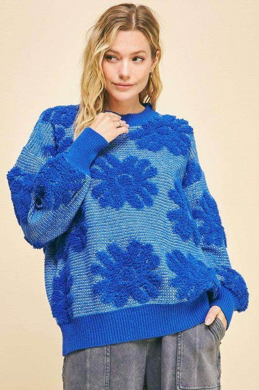 Davi &amp; Dani Flower Texture Round Neck Dropped Shoulder Sweater