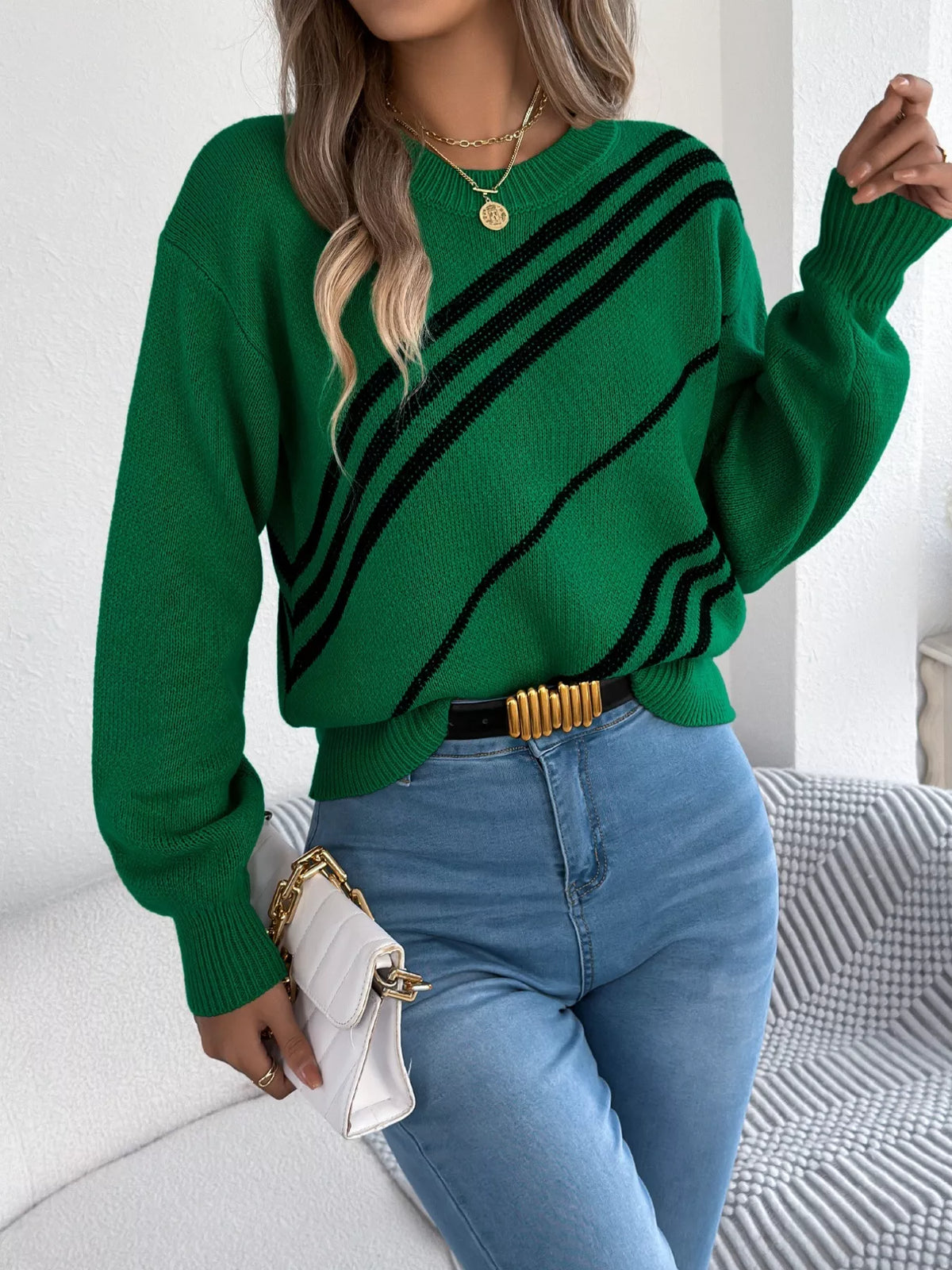 Striped Pattern Casual Round Neck Sweater