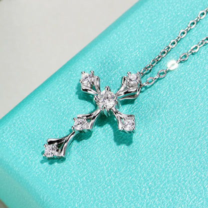 S925 Sterling Silver Moissanite Cross Necklace, 3.5mm D-VVS1 Pendant, Platinum Plated 40&amp;45cm Chain, 1.7g GRA Certificate Gift Box