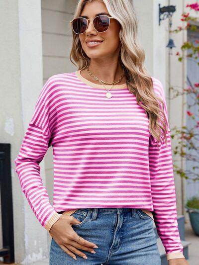 Striped Contrast Round Neck Long Sleeve Sweater for Women