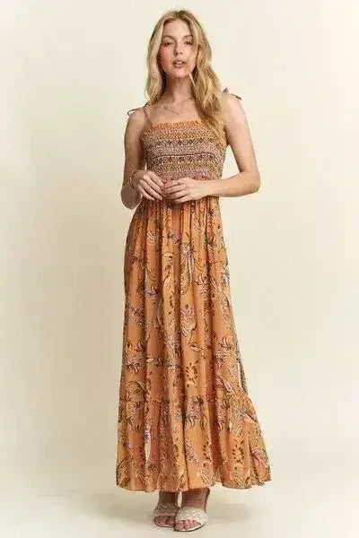 Square Neck Tie Shoulder Dress - Smocked &amp; Floral | Femstylo