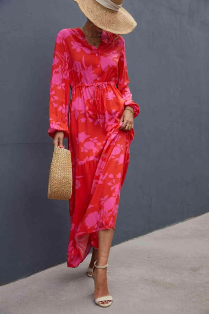 Floral Drawstring Waist Long Sleeve Dress for Women