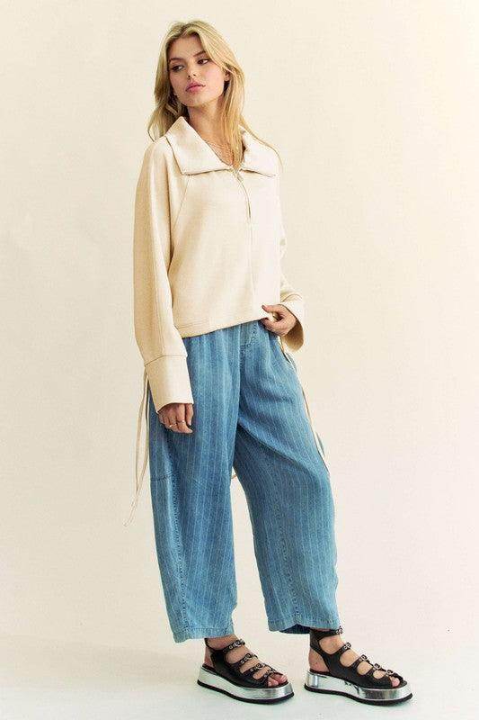 Davi &amp; Dani Drawstring Hem Half Zip Raglan Sleeve Sweatshirt