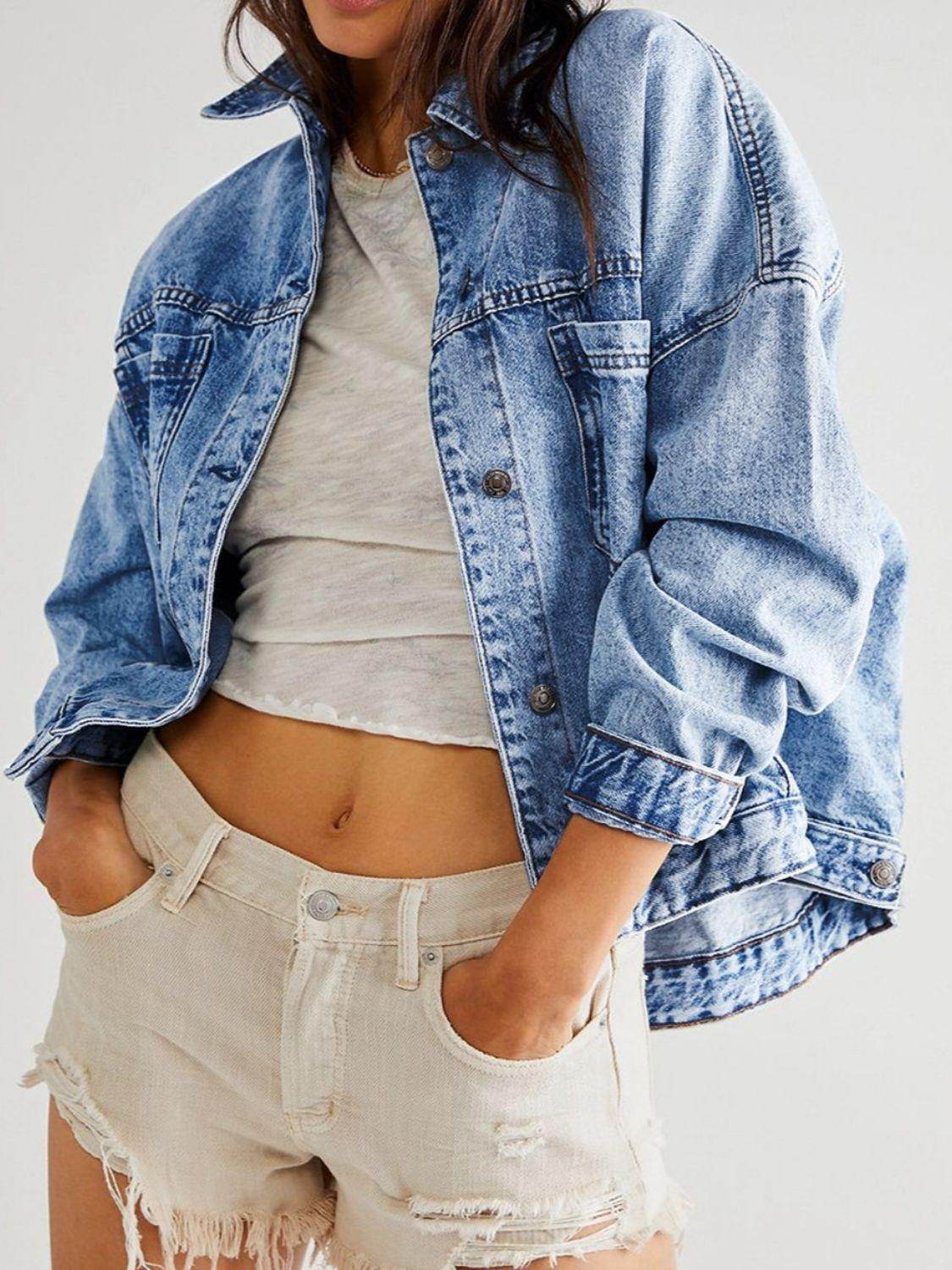 Stylish Pocketed Button Up Denim Jacket for Women