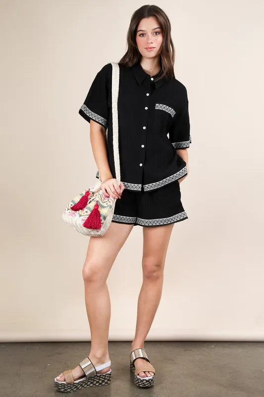 VERY J Crinkled Woven Shirt Top &amp; Shorts Set