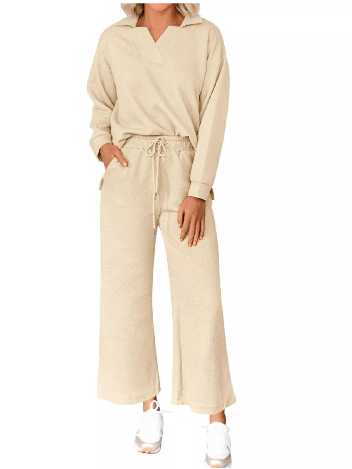 Side Slit Textured Top and Drawstring Pants Set