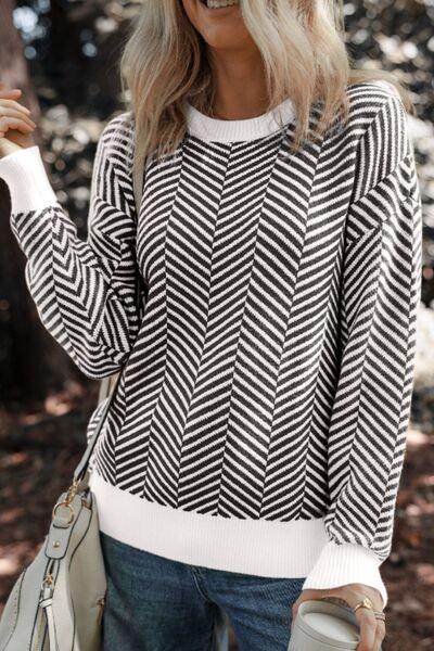 Striped Round Neck Long Sleeve Sweater for Women Fashion