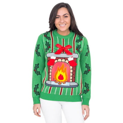Fireplace LED Light Up Adult Unisex Green Ugly Christmas Sweater