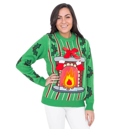 Fireplace LED Light Up Adult Unisex Green Ugly Christmas Sweater