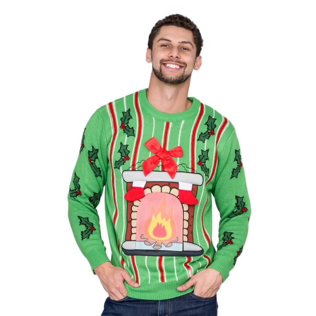 Fireplace LED Light Up Adult Unisex Green Ugly Christmas Sweater