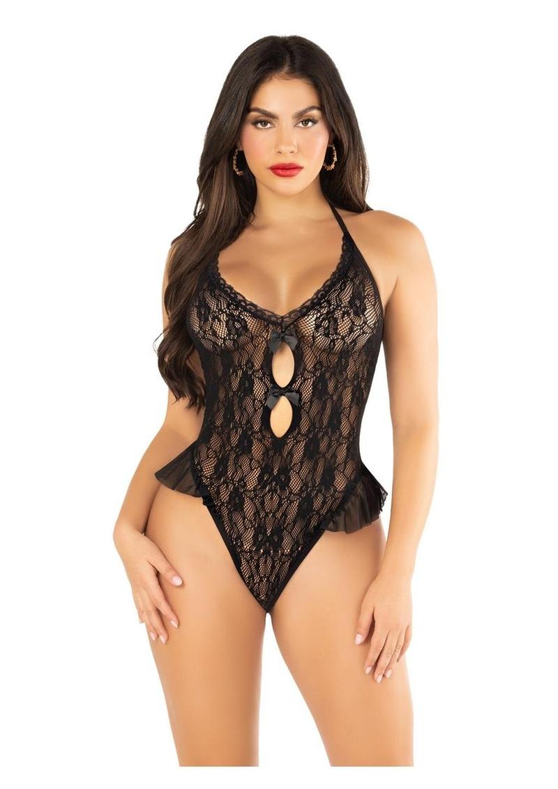 Floral Lace Halter Bodysuit Flutter Accent Mini Bow