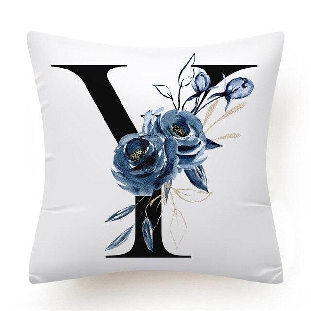 Floral Pillow Covers Alphabet Decorative Pillow Cases ABC Letter Flowers Cushion Covers Blue Flowers Polyester Pillowcase Decorative Sofa Pillows Cover Luxury Soft Materials
