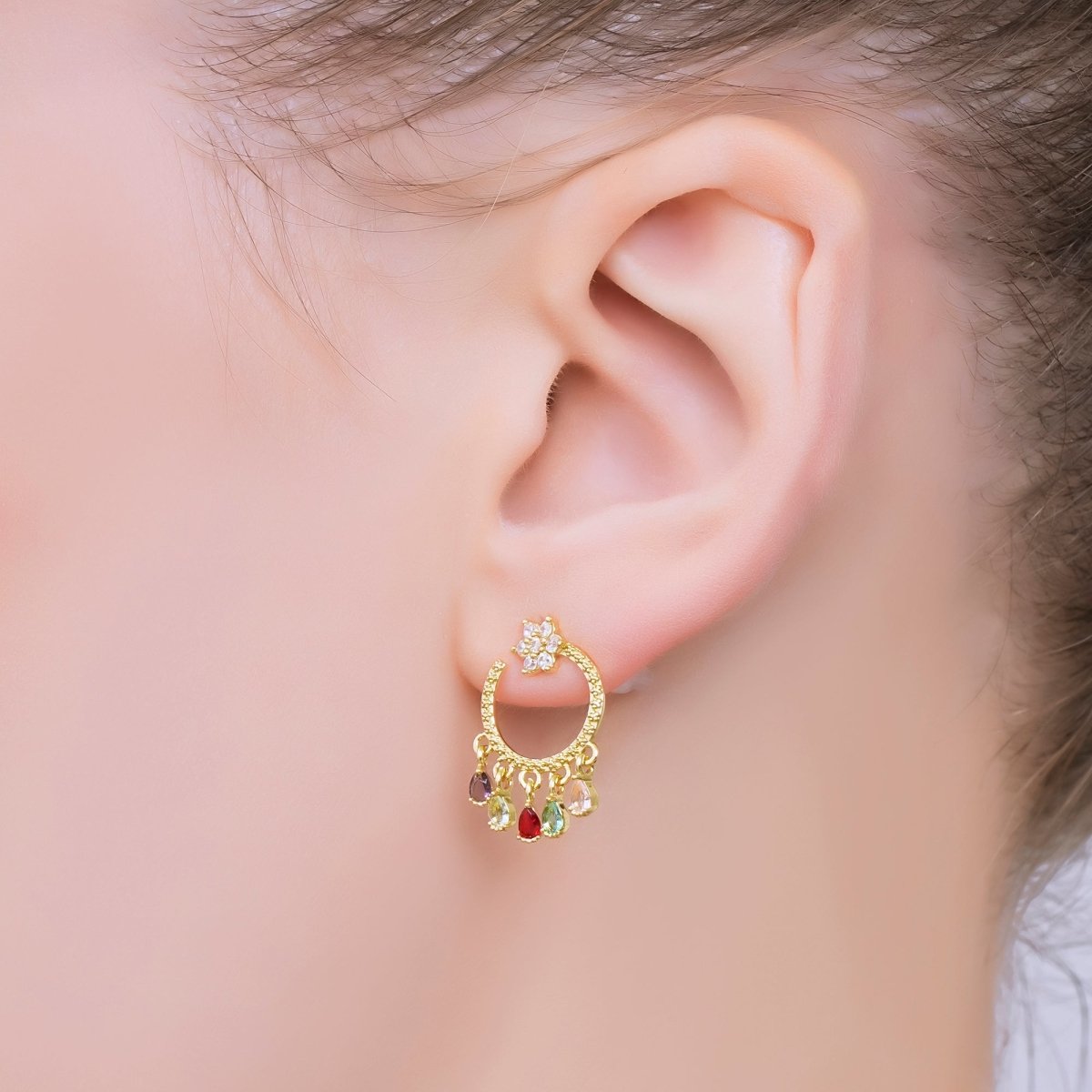 Flower 5-Teardrop Colorful Multicolor &amp; Micro Paved CZ Studs Earrings in Gold &amp; Silver | AJ-103 AJ-117