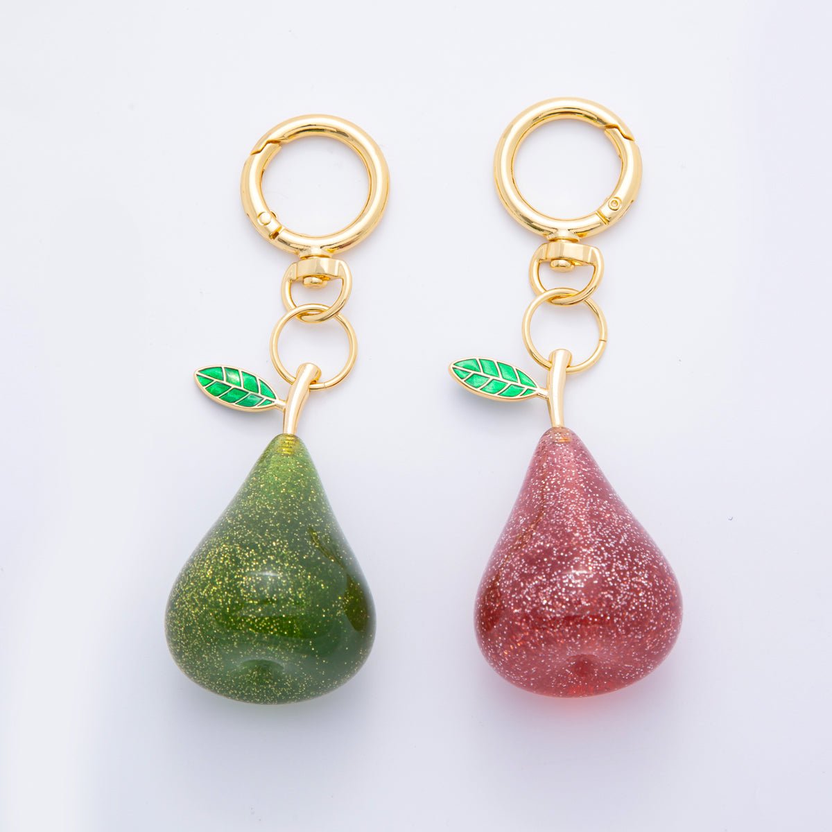 18K Gold Filled Green, Red Pear Fruit Glitter Resin Bag Charm Keychain Push Gate Key Ring Accessories | WB-00115 WB-00116