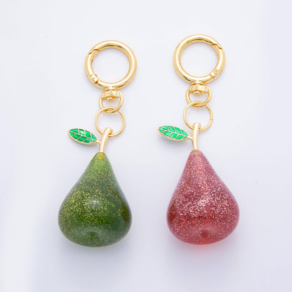 18K Gold Filled Green, Red Pear Fruit Glitter Resin Bag Charm Keychain Push Gate Key Ring Accessories | WB-00115 WB-00116