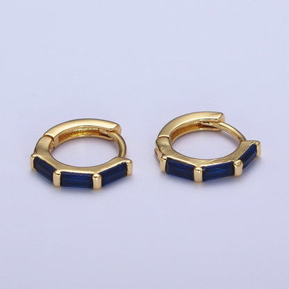 Fuchsia, Blue, Green Baguette Lined 12mm Gold Huggie Hoop Earrings | AD-155 AD-156 AD-173