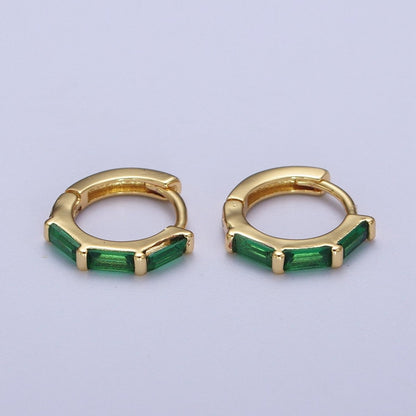 Fuchsia, Blue, Green Baguette Lined 12mm Gold Huggie Hoop Earrings | AD-155 AD-156 AD-173