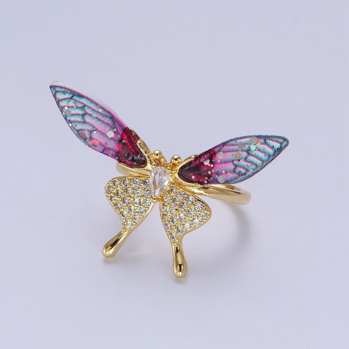 Fuchsia, Blue Micro Paved Butterfly Wings Teardrop Insect Gold Rings | O-100 O-101