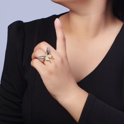 Fuchsia, Blue Micro Paved Butterfly Wings Teardrop Insect Gold Rings | O-100 O-101