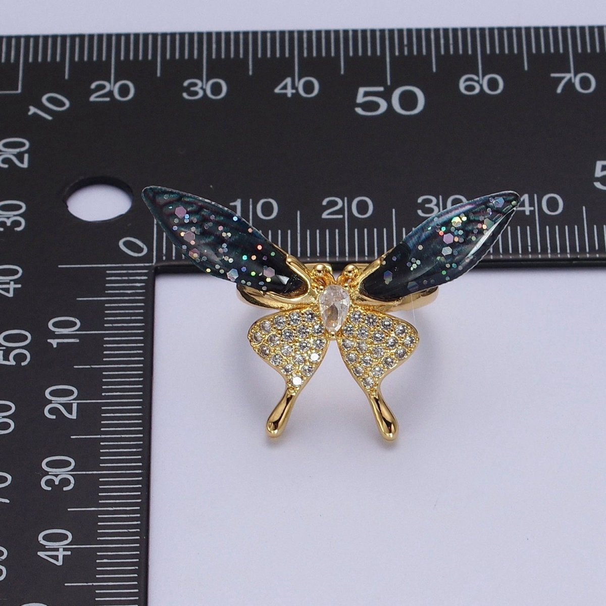 Fuchsia, Blue Micro Paved Butterfly Wings Teardrop Insect Gold Rings | O-100 O-101