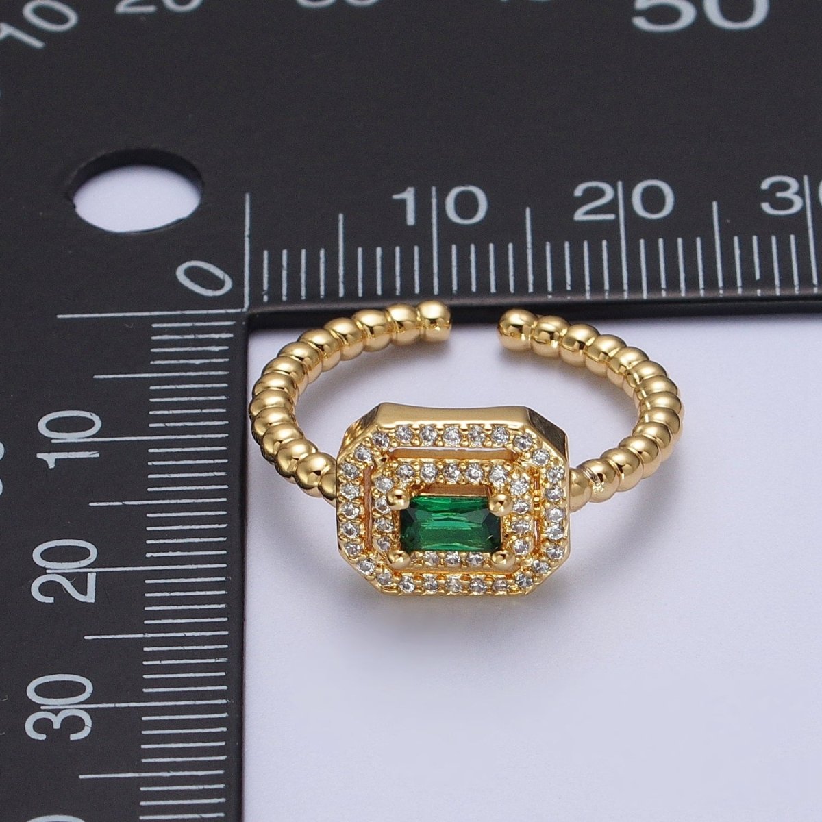 Fuchsia, Clear, Blue, Green Baguette Cubic Zirconia Gold Beaded Adjustable Ring | O-064~O-067