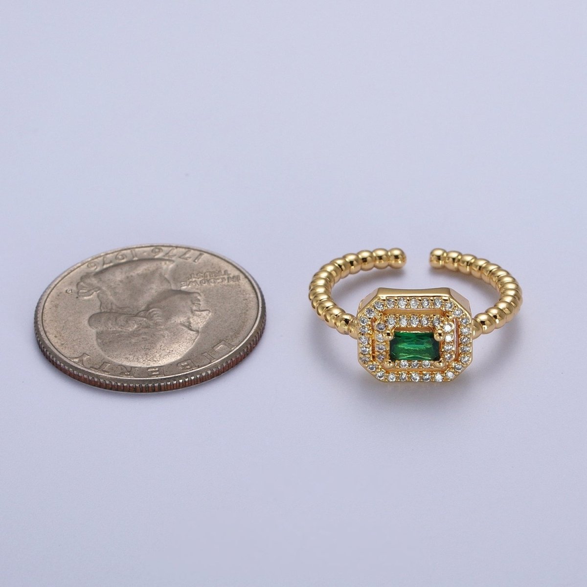Fuchsia, Clear, Blue, Green Baguette Cubic Zirconia Gold Beaded Adjustable Ring | O-064~O-067