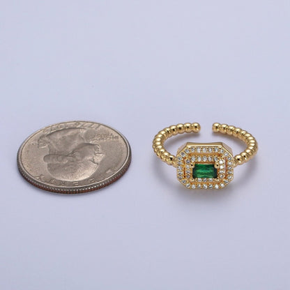 Fuchsia, Clear, Blue, Green Baguette Cubic Zirconia Gold Beaded Adjustable Ring | O-064~O-067
