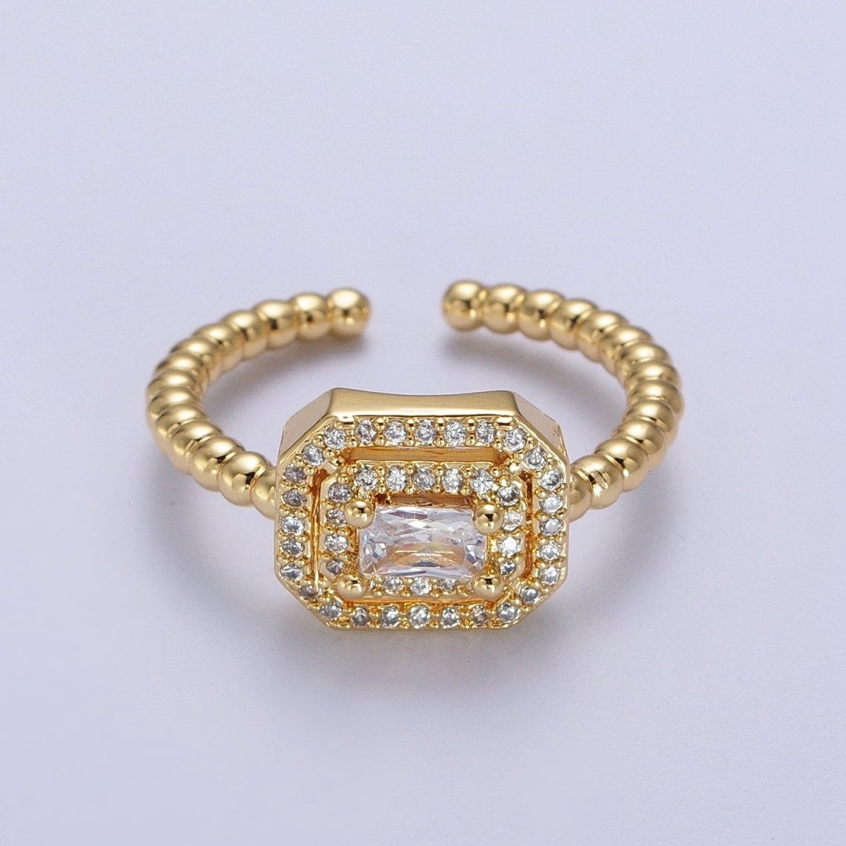 Fuchsia, Clear, Blue, Green Baguette Cubic Zirconia Gold Beaded Adjustable Ring | O-064~O-067