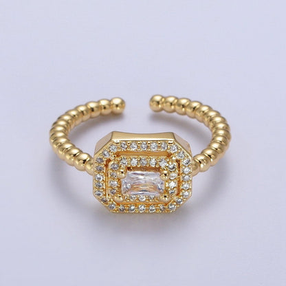 Fuchsia, Clear, Blue, Green Baguette Cubic Zirconia Gold Beaded Adjustable Ring | O-064~O-067