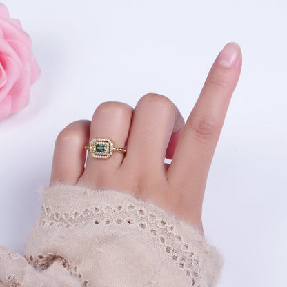 Fuchsia, Clear, Blue, Green Baguette Cubic Zirconia Gold Beaded Adjustable Ring | O-064~O-067