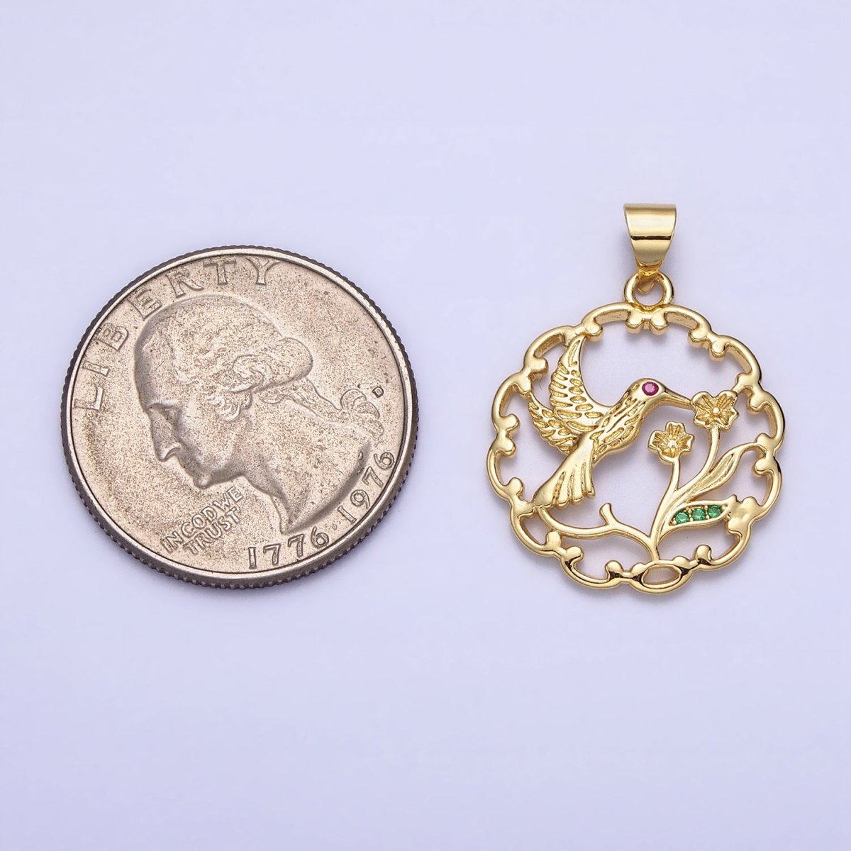 Fuchsia-Eyed Nature Hummingbird &amp; Flower Plant Open Gold Pendant | AA154