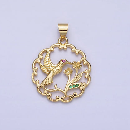Fuchsia-Eyed Nature Hummingbird &amp; Flower Plant Open Gold Pendant | AA154
