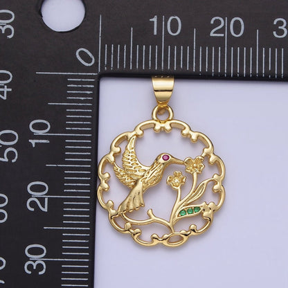 Fuchsia-Eyed Nature Hummingbird &amp; Flower Plant Open Gold Pendant | AA154